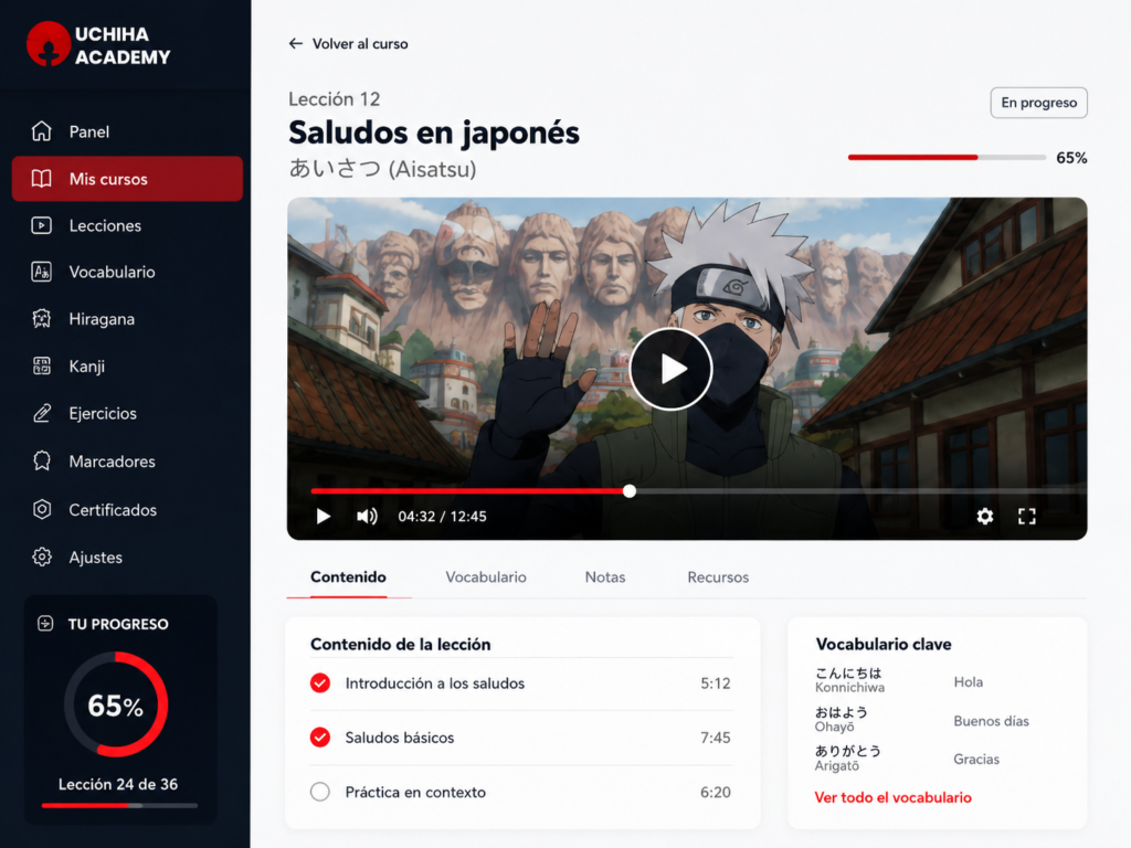 Plataforma del curso de japonés Uchiha Academy